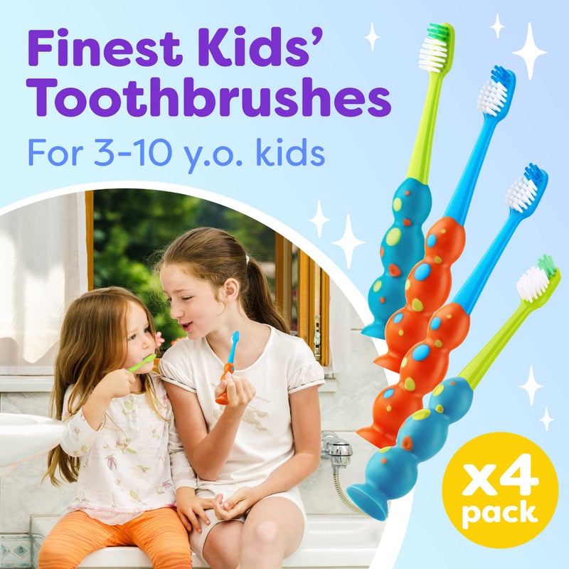 Trueocity Kids Toothbrush 4 Pack - Soft Contoured Bristles - Child Sized Brush Heads (3-10 Year Old) - Suction Cup for Fun & Easy Storage - Girl & Boy Set (Blue & Orange) - Image 2